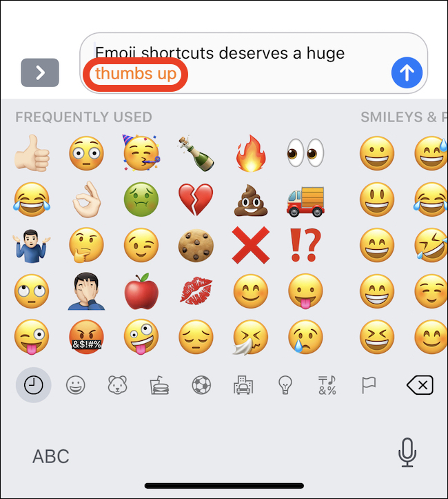 the text "thumbs up" is highlighted orange and the thumbs up emoji appears as a replacement option