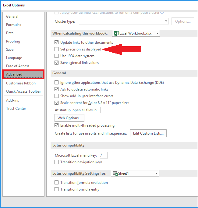 enable the set precision as displayed check box